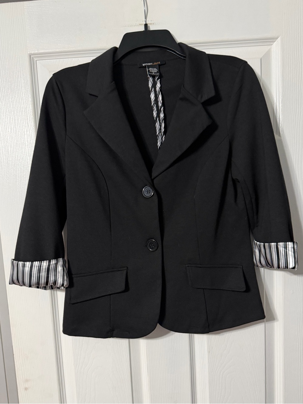 Robert Louis Black Women's Blazer with Striped Cuff 3/4 Sleeves